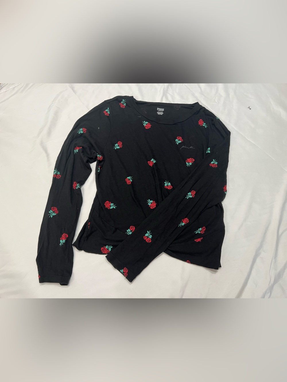 PINK Victoria's Secret Black Long Sleeve Tee with Red Rose Print